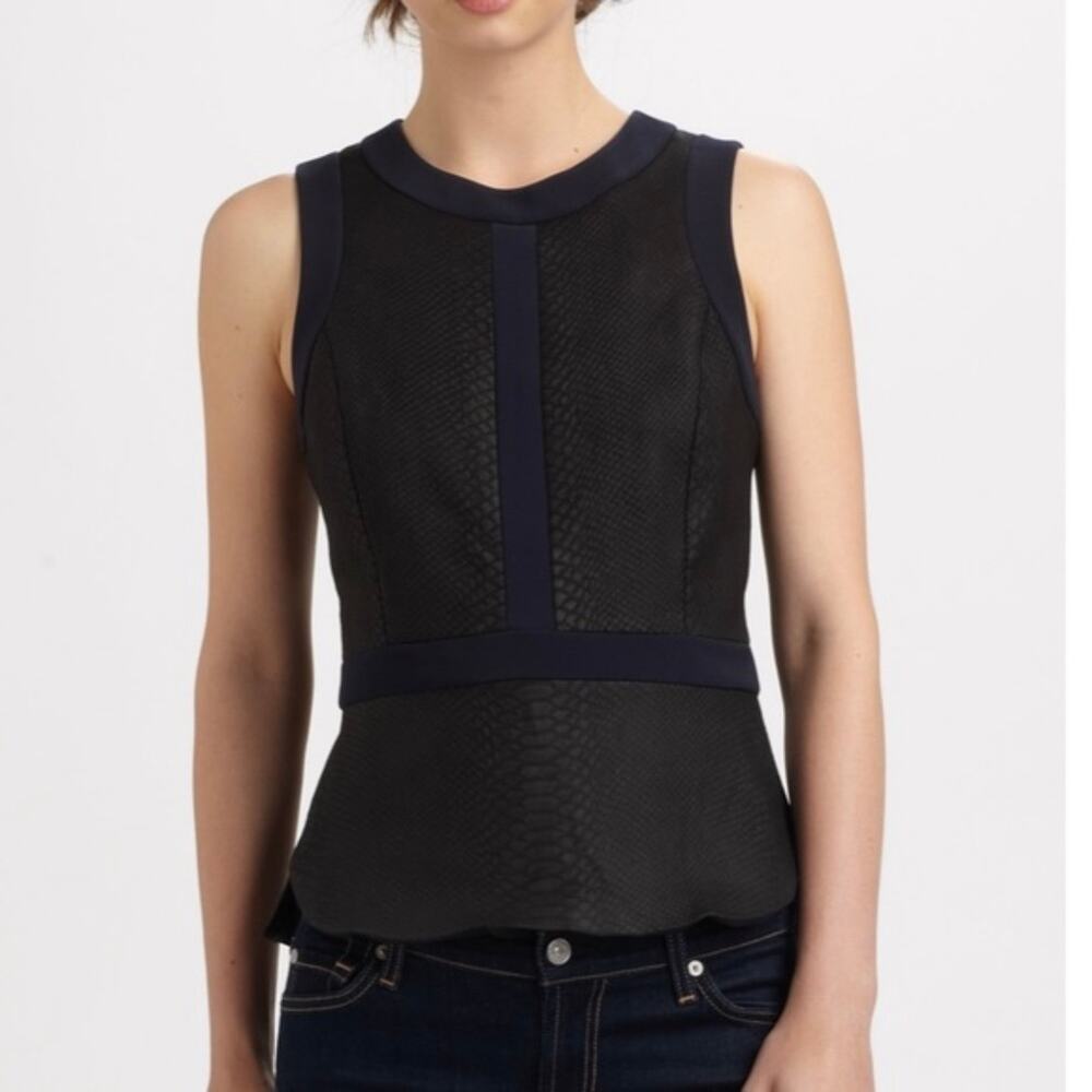 Rebecca Taylor Navy Black Paneled Snakeskin Leather Sleeveless Peplum Top Size 6